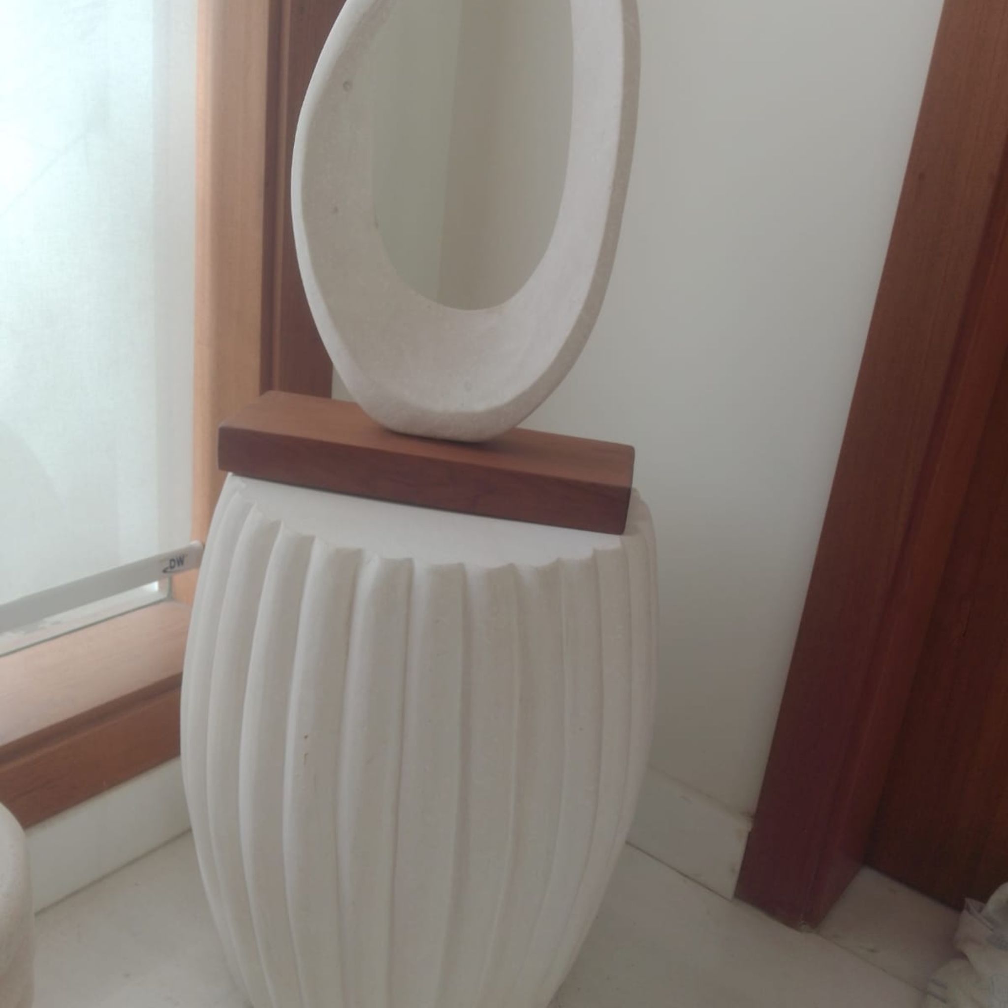 White Marble Wave Sculpture on Fluted Pedestal