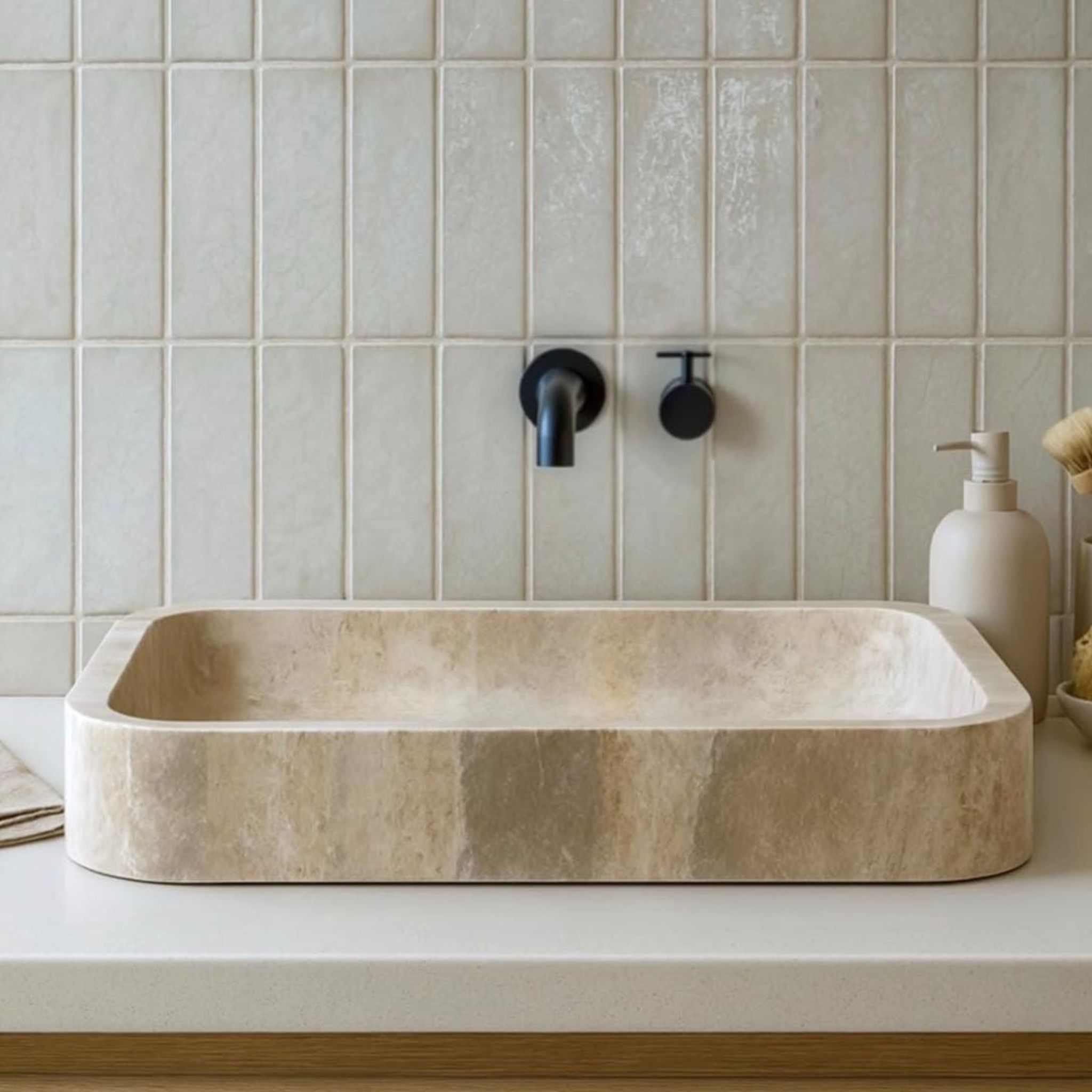 Beige Travertine Rectangular Vessel Sink